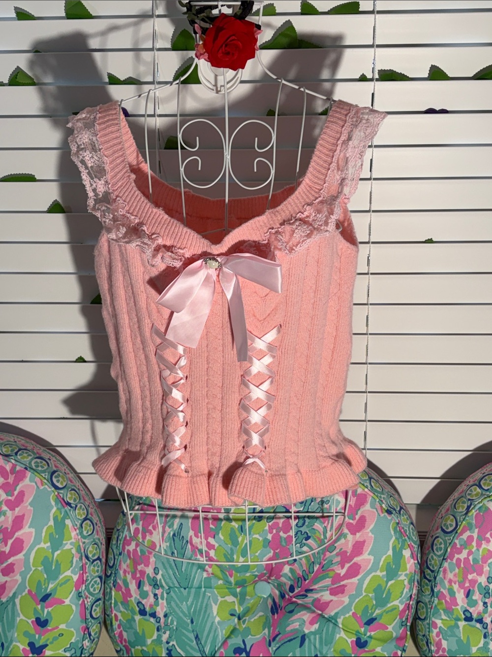 Pink Lace-Trim Cable Knit Top with Lace up Sides Ribbon Detail & Satin Ribbon